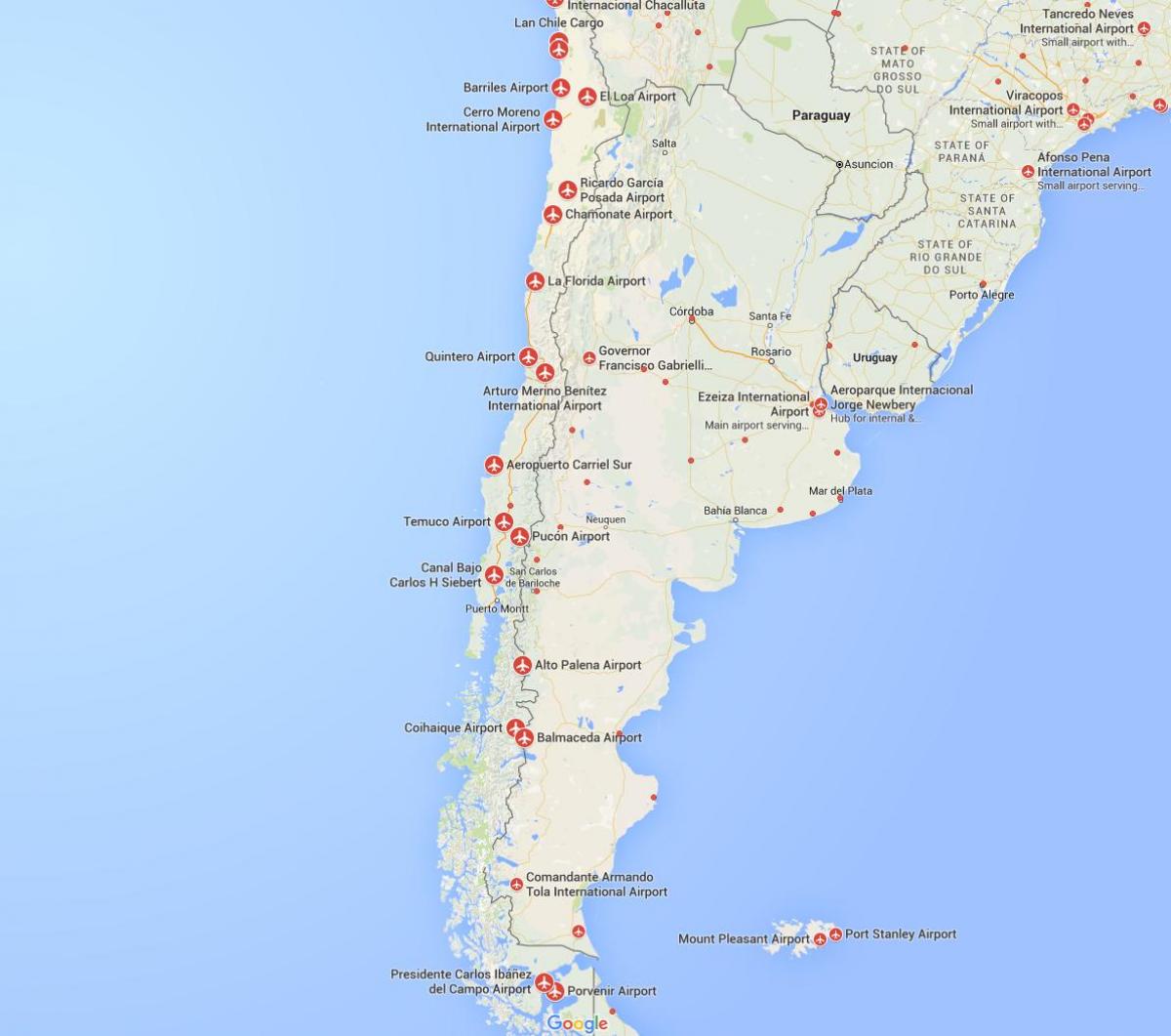 mapa dos aeroportos em Chile