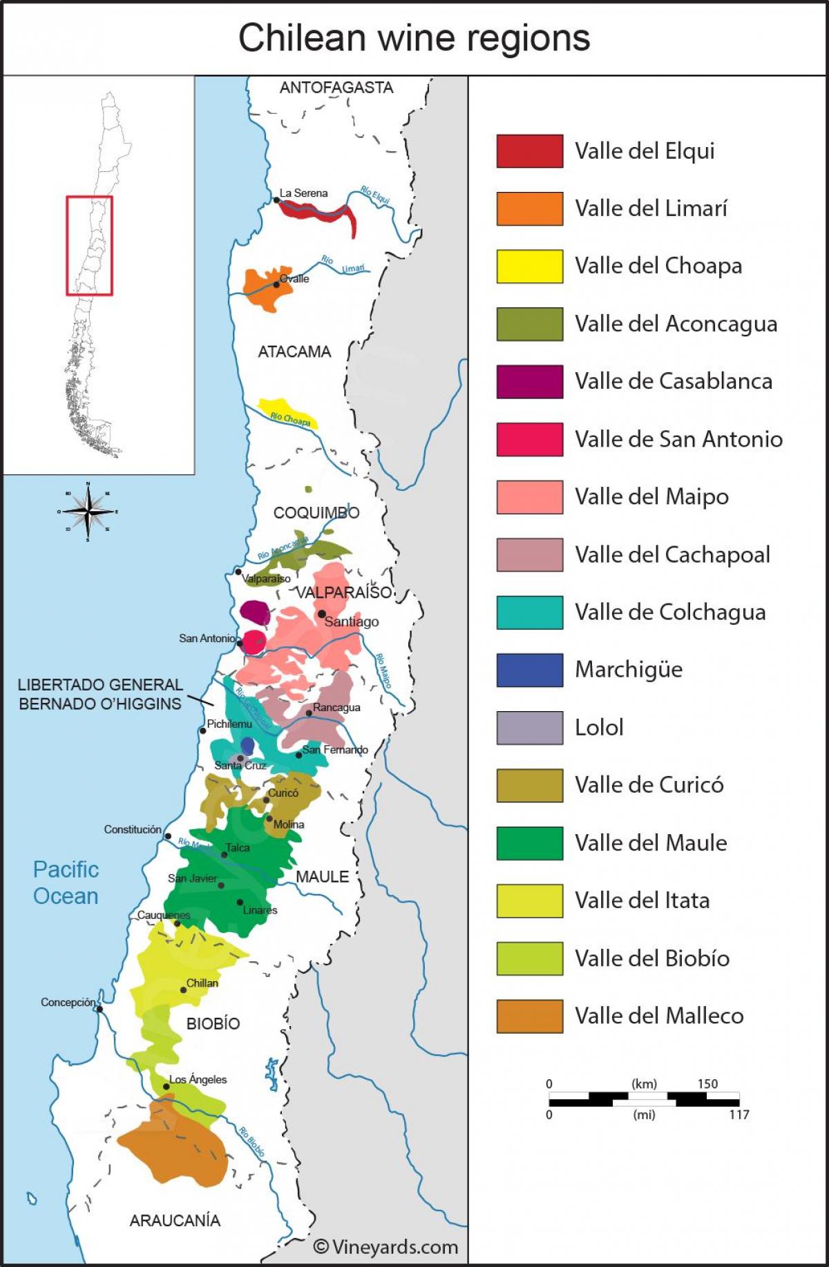 Mapa de regiões vinícolas do Chile 