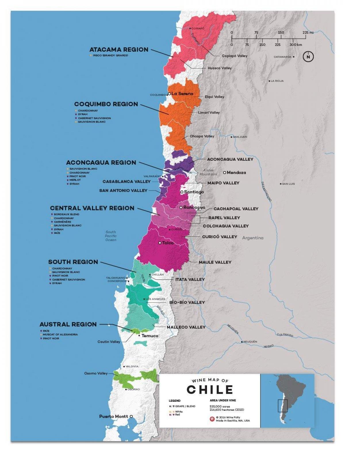 O Chile, país de vinho mapa
